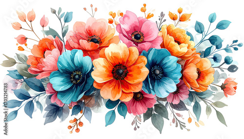 Vibrant floral bouquet in a mix of coral, orange, teal, and pink blooms