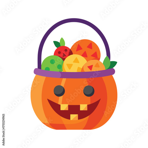 Orange pumpkin candy bucket filled with treats halloween