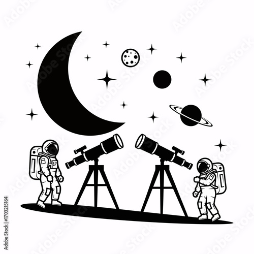 Astronauts observe celestial wonders with telescopes under a crescent moon and starry sky