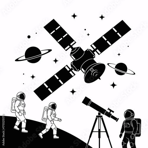 Astronauts explore distant planets with satellite and telescope under starry sky
