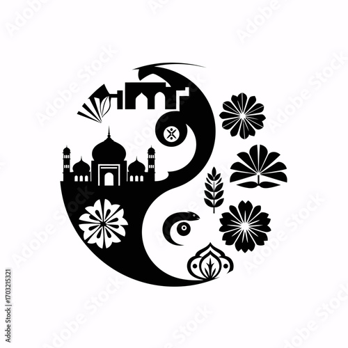 Harmonious Yin Yang blend of Indian architecture, floral motifs, and spiritual symbols