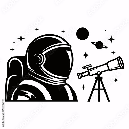 Bold astronaut explores cosmos with telescope, discovering distant planets and stars in a stylized adventure.