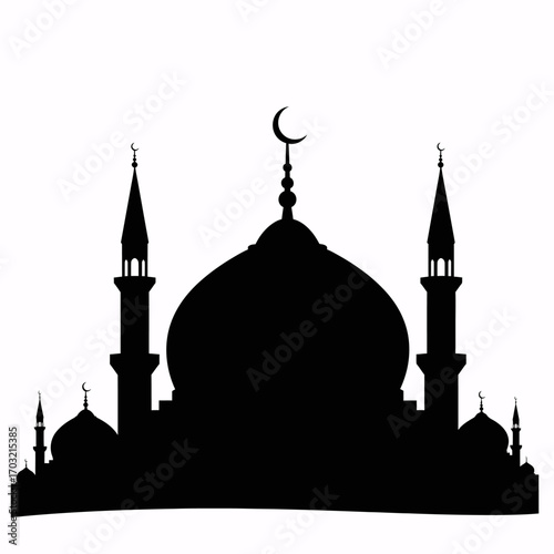 Majestic mosque silhouette with iconic domes and minarets, symbolizing faith and heritage