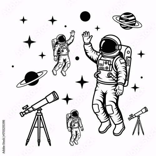 Astronauts explore vast galaxy with telescopes, planets, and stars, capturing wonder and discovery.