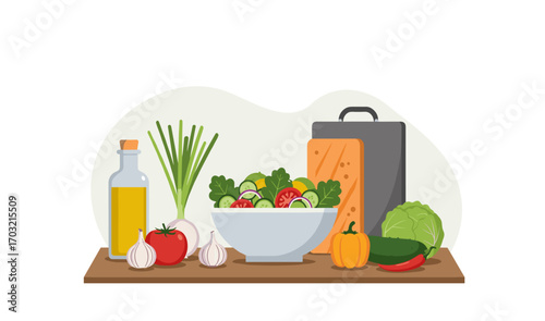 Fresh ingredients for a healthy salad, including vegetables, herbs, and olive oil, prepared for cooking on a wooden shelf.