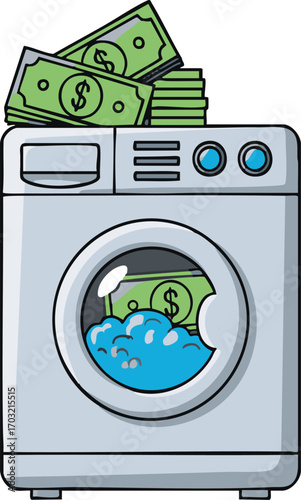Money laundering concept showing stacks of cash being washed inside a washing machine, symbolizing illegal financial activities and crime.
