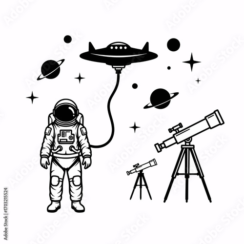 Astronaut explores the cosmos with UFO and telescopes discovering new planets and stars