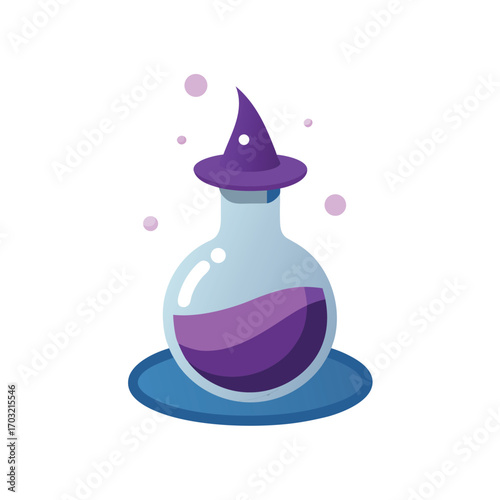 Purple witch hat on bubbling potion blue