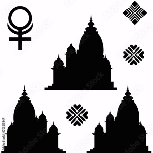 Elegant architectural silhouettes and symbolic feminine icon create a visually striking modern design
