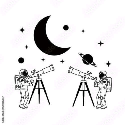 Astronauts explore the cosmos, gazing at celestial wonders with telescopes under a crescent moon.