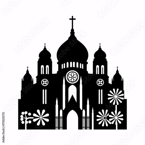 Stunning black silhouette of a grand church with intricate floral details and crosses