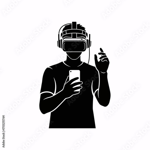 Modern man exploring virtual reality with headset and phone, gesturing towards future experiences