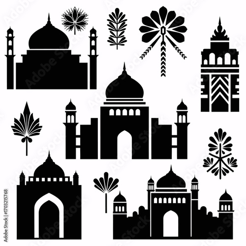 Stunning black silhouette icons of iconic Indian monuments and floral motifs for cultural designs