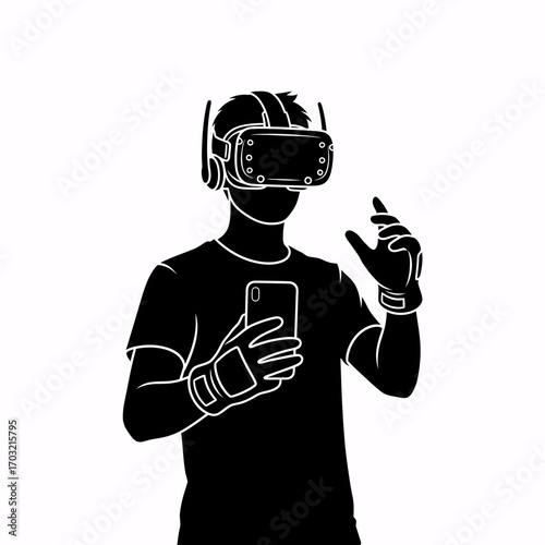 Immersive virtual reality experience with modern headset and interactive gloves, holding smartphone