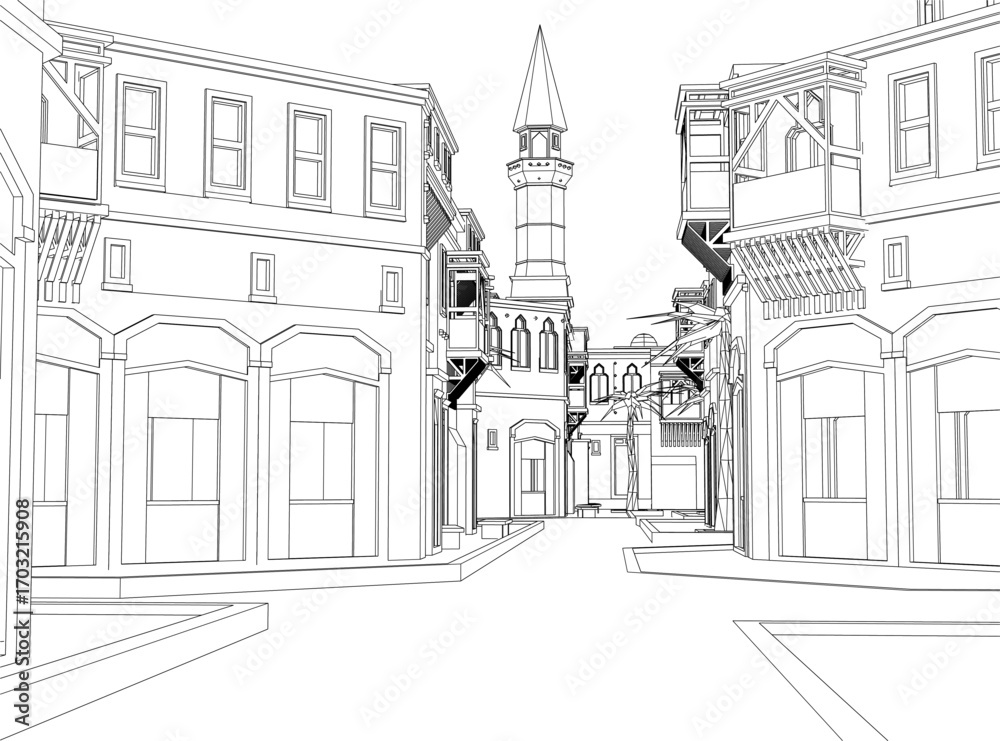 Obraz premium Arabic city contour drawing features, detailed buildings with windows, and a sky background.