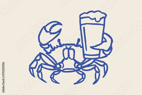 Crab with beer minimalist sketch vector illustration