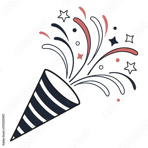 Party Popper Exploding with Confetti and Stars.