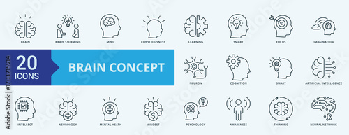 Brain Concept icon set illustration vector with brain, brain storming, mind, consciousness, learning, smart