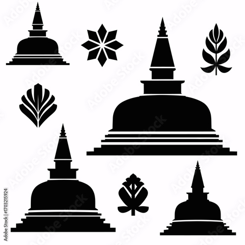 Stunning collection of black Buddhist stupas and cultural motifs offering spiritual and architectural design elements.
