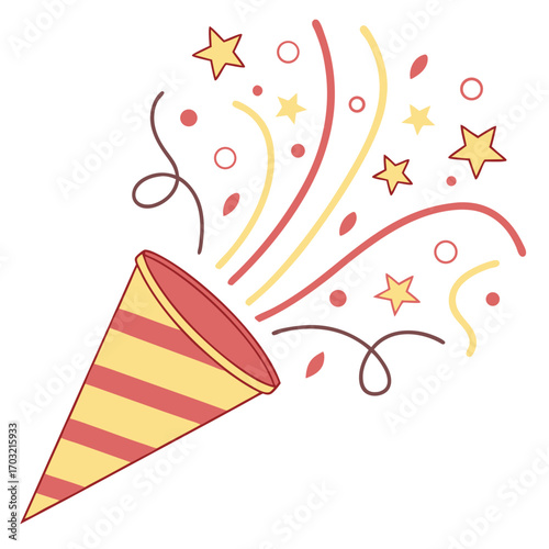 Festive party popper exploding with colorful confetti and streamers for celebration.