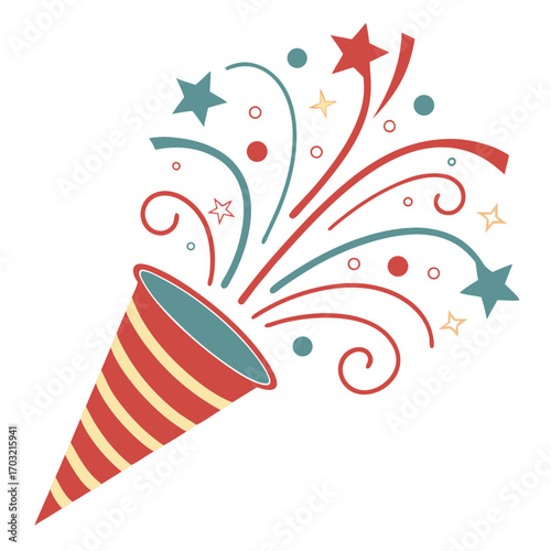 Party popper with colorful confetti and stars.