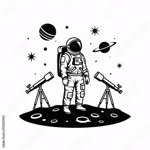 Astronaut exploring alien planet with telescopes, gazing at distant stars and planets