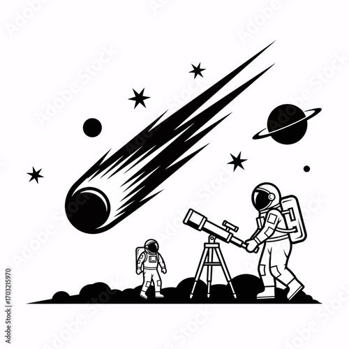 Astronauts explore cosmic wonders observing a spectacular meteor shower and distant planets with a telescope