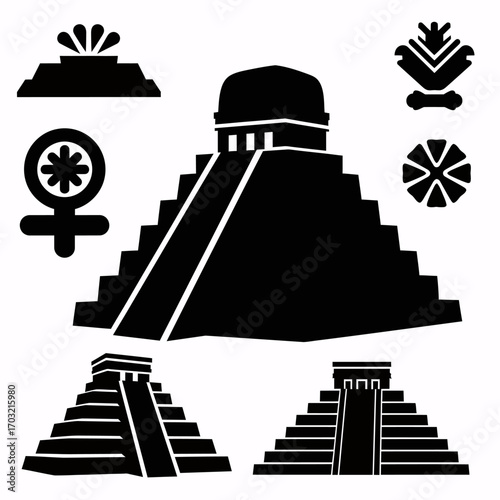 Ancient Mayan pyramid icons and symbols for historical design projects and cultural themes