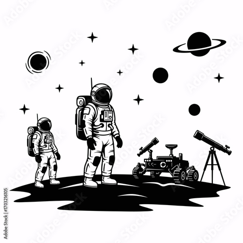 Astronaut explorers discover alien planet with rover and telescope, vast cosmic exploration unfolds