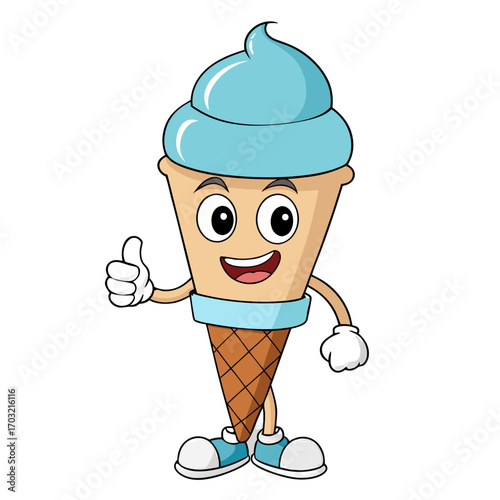 Cheerful ice cream cone character giving thumbs up for summertime fun and delicious dessert