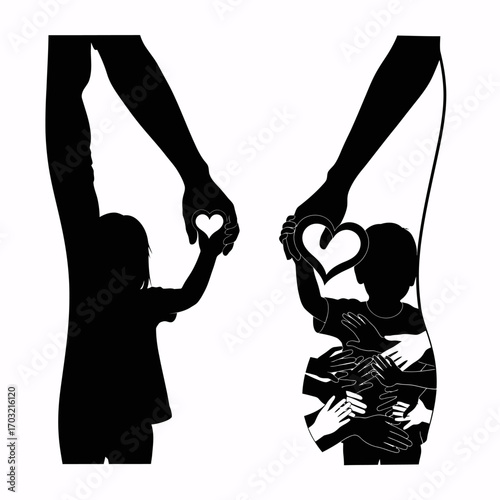 Loving parents create heart shapes holding children's hands, symbolizing unity and family bonds