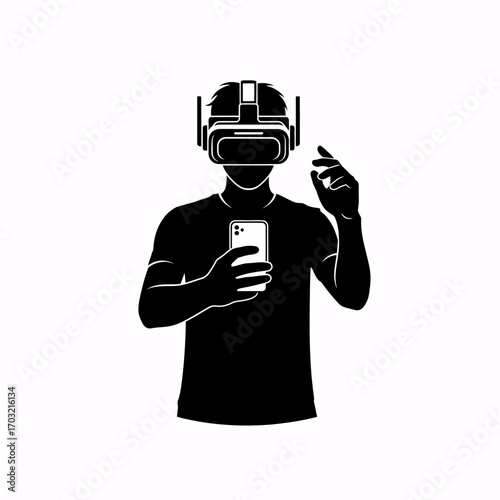 Modern man exploring virtual reality with smartphone, experiencing digital immersion