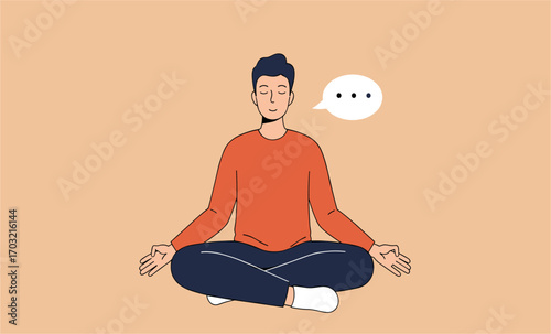 A calm young man meditates peacefully in a lotus position, finding inner peace and mindfulness against a simple, warm background.