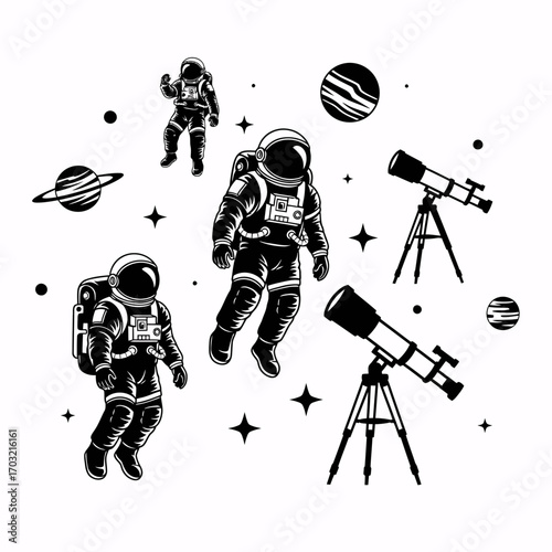 Astronauts explore deep space with telescopes and planets in a dynamic cosmic adventure scene.