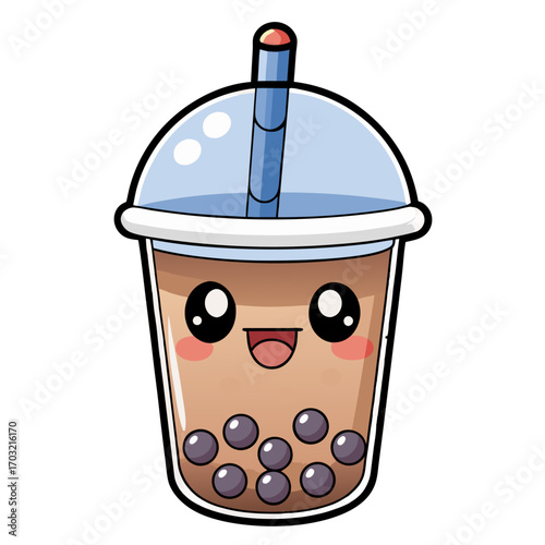 Adorable boba tea cartoon character with happy face, perfect for branding and menu designs