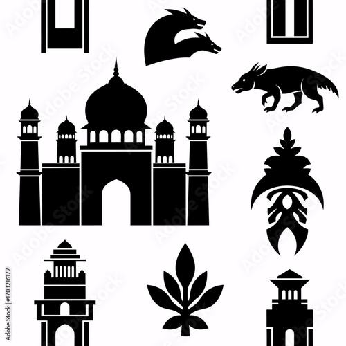 Stunning collection of black silhouette icons featuring architectural wonders and mythical creatures for diverse design projects.
