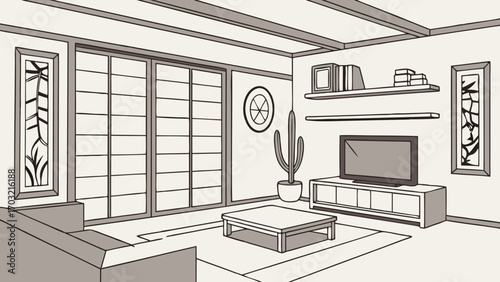 Interior design sketch of a living room with modern furniture.