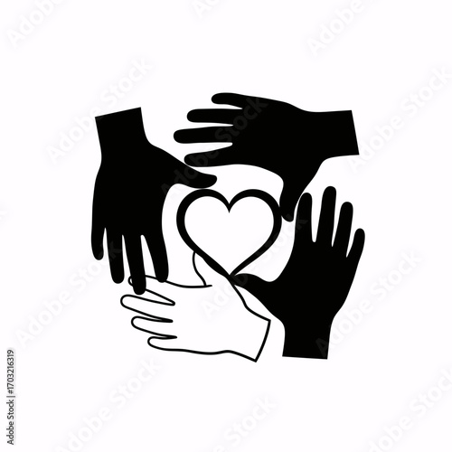 Diverse hands unite to form a heart symbolizing unity, compassion, and global connection.