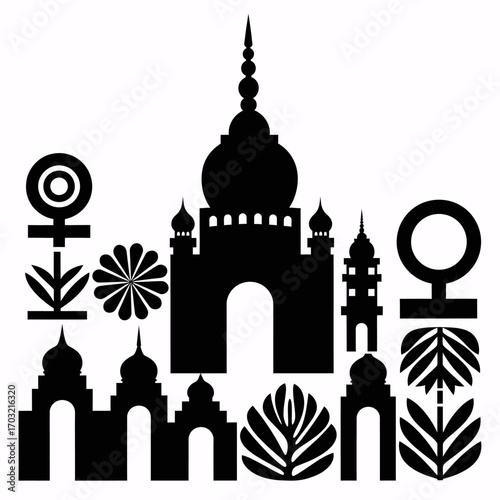 Stylized Indian architecture and flora design elements in bold black silhouette