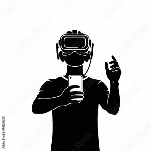 Man immersed in virtual reality, interacting with digital world via smartphone and headset