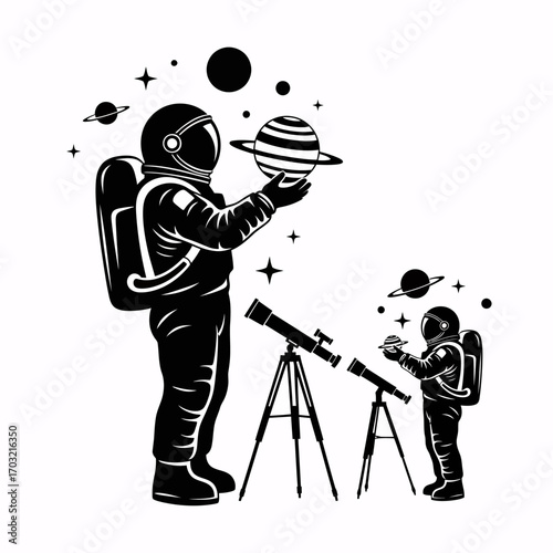 Astronauts explore universe with telescopes, holding planets, dreaming big cosmic adventures in outer space