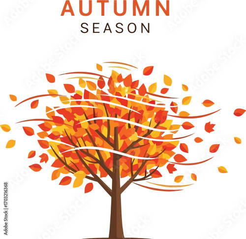 A vibrant autumn tree with leaves swirling in the wind, capturing the essence of the fall season
