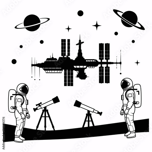 Astronauts explore distant planets observing space station and stars with telescopes