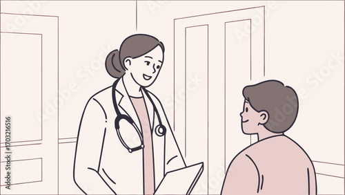 Doctor consulting patient discussing health concerns in medical office.