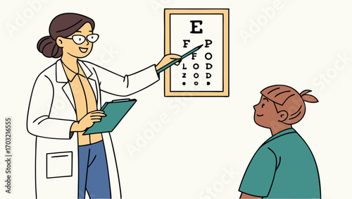 Eye Doctor Examining Childs Vision with Eye Chart.