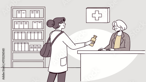 Customer buying medicine from pharmacist at counter.