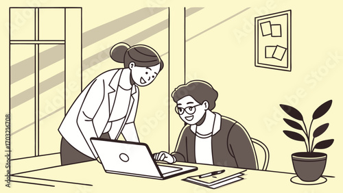 Two women collaborating on a laptop in an office setting.