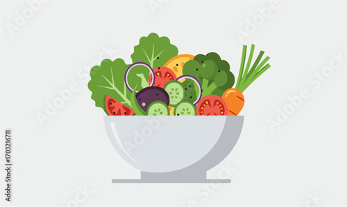 A fresh and healthy mix of vegetables in a bowl, illustrated in a simple and appealing flat design, perfect for health and food related projects.