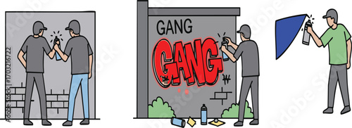Teenagers spray painting graffiti on walls in urban environment, expressing themselves through street art and creating a vibrant, rebellious atmosphere.