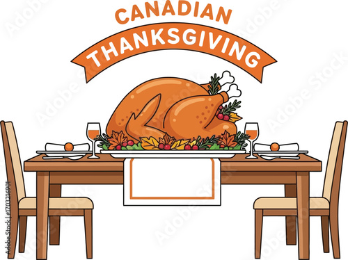 Festive canadian thanksgiving dinner with a roasted turkey, set on a table with chairs